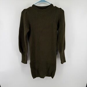 Lulus Olive‎ Green Ribbed Puff Sleeve Mini Sweater Dress Womens XS NEW Cozy
